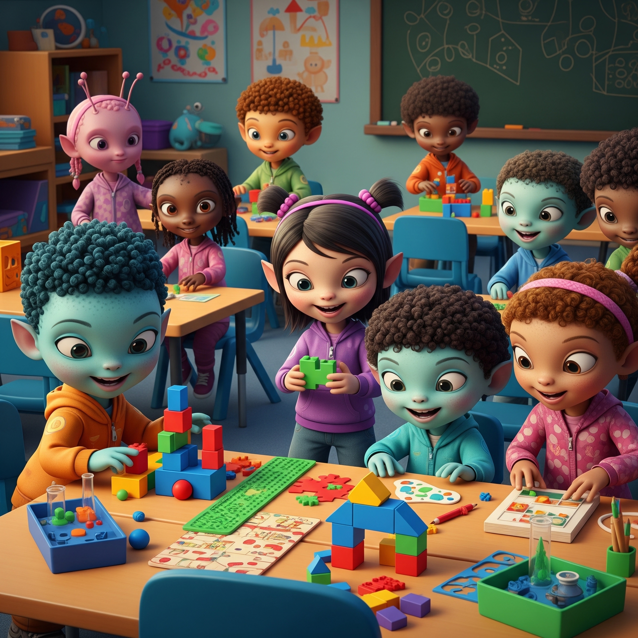 Kids happily learning and playing with educational tools